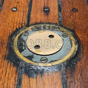 Vintage Marine Diesel Deck Fill Plate & Cap in Brass or Bronze laid in Teak Planks on old Trawler - CO88.co