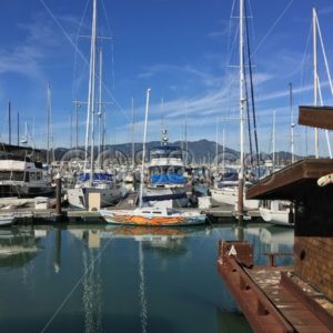 An Orange Octopus (a tiny Kraken handling a small Harpoon) painted onto a Sailboat Hull in Sausalito - CO88.co