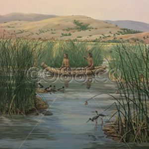 Gorgeous Wall Mural of Wildlife and a canoe-like woven Tule Reed Boat used by Ohlones & Coast Miwoks - CO88.co
