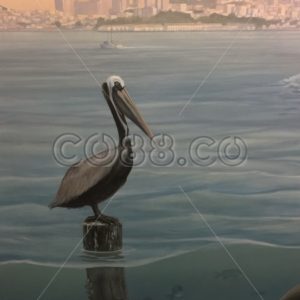 Mural of Coastal Brown Pelican in Breeding Plumage Perched on Wooden Piling; San Francisco’s Skyline - CO88.co